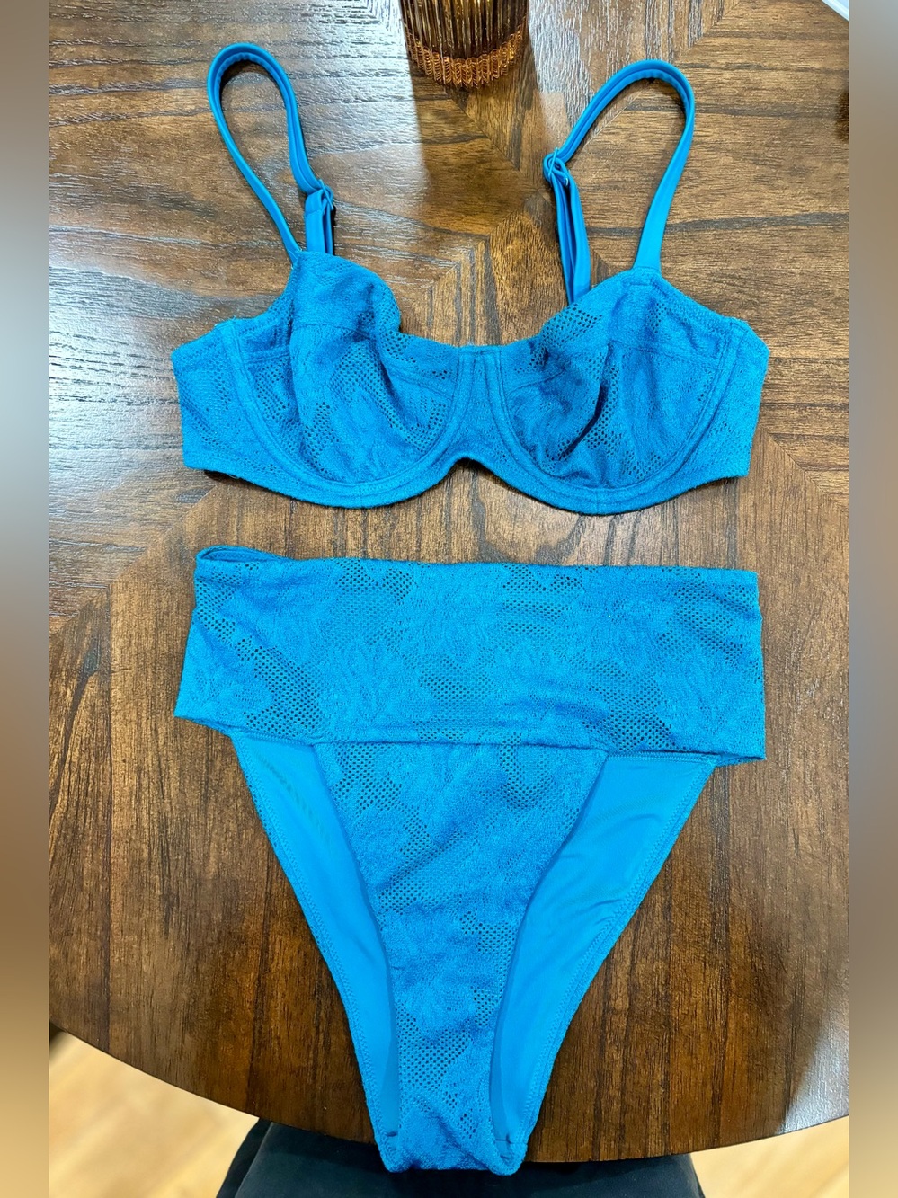 Aerie Real Good Black Mesh Floral Lace Underwire Balconette Bikini Set  34C/S